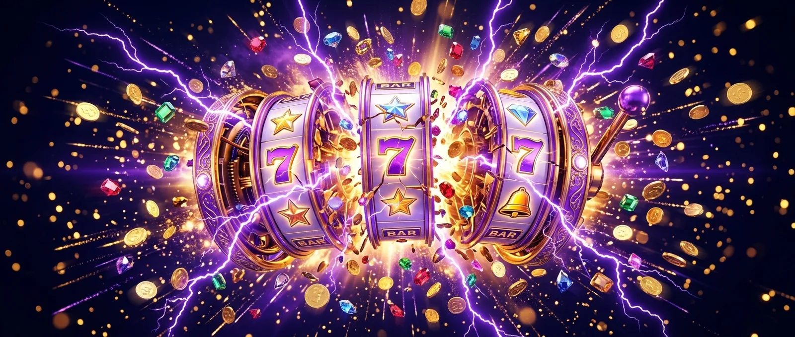 Galactic Wins casino slot reels exploding with gold coins, gems and violet lightning